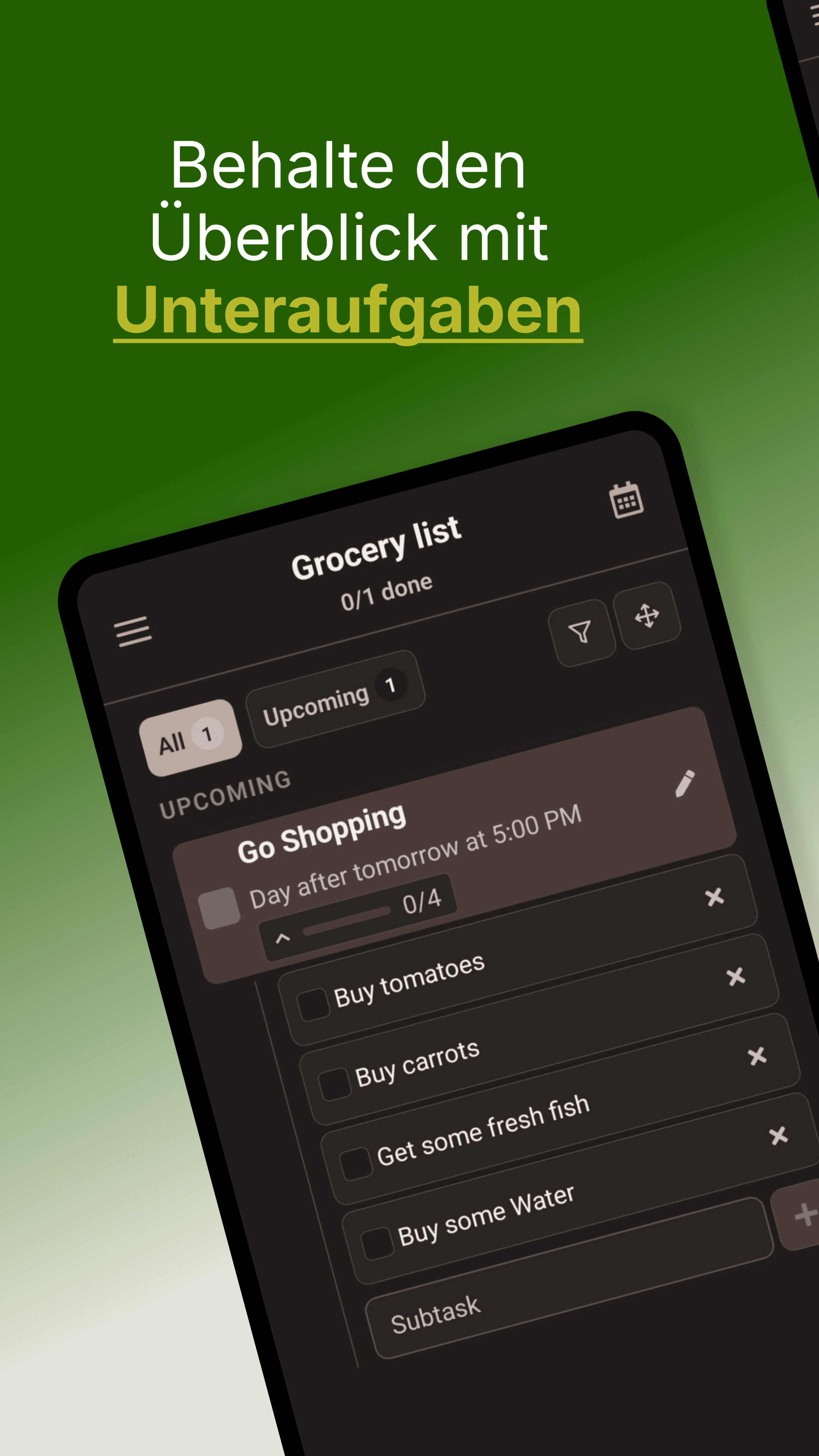 QuickDone Einkaufsliste mit Unteraufgaben und Fortschrittsanzeige, deutscher Google Play Screenshot