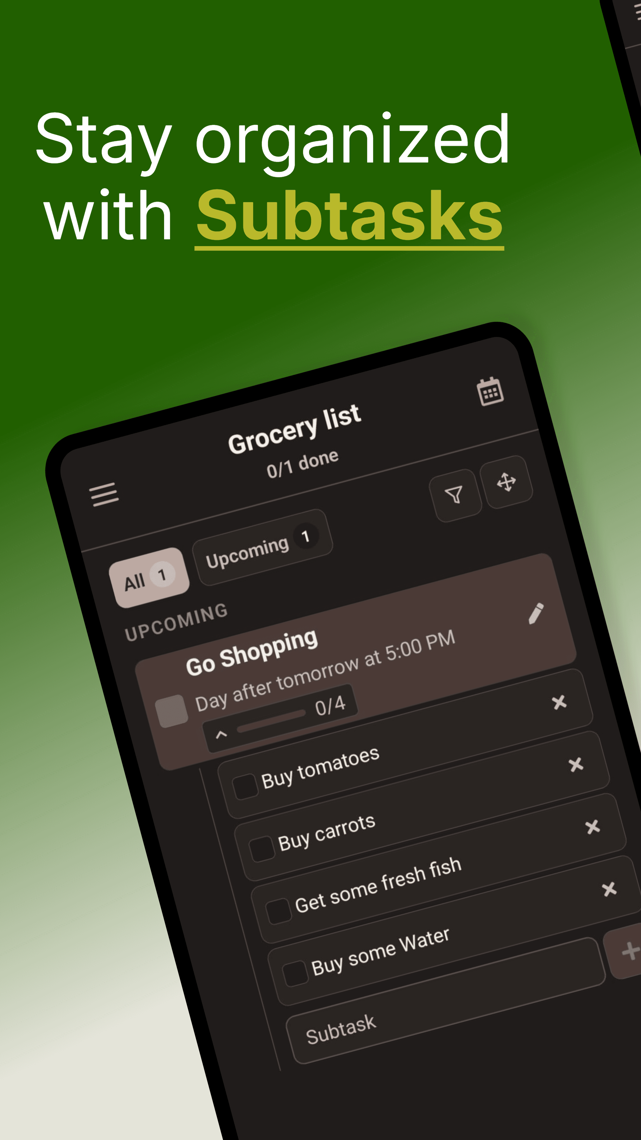 QuickDone grocery checklist with subtasks and completion progress, English Google Play screenshot